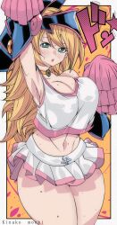 1girl absurdres alternate_costume aqua_eyes arm_up armpits artist_name blonde_hair blue_helmet blush breasts cheerleader choker cleavage commentary cowboy_shot crop_top dark_magician_girl helmet hexagram highres holding holding_pom_poms kinakomochi_(user_vedc2333) large_breasts long_hair looking_at_viewer midriff miniskirt navel open_mouth outside_border phrygian_helmet pink_skirt pink_tank_top pleated_skirt pom_pom_(cheerleading) pom_poms skirt solo standing star_(symbol) sweat swept_bangs tank_top thick_thighs thighs two-tone_skirt two-tone_tank_top white_skirt white_tank_top yellow_choker yu-gi-oh!