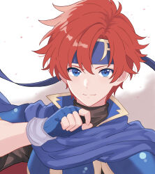 1boy absurdres armor blue_armor blue_eyes cape closed_mouth fingerless_gloves fire_emblem fire_emblem:_the_binding_blade gloves headband highres looking_at_viewer male_focus n_54 nintendo red_hair roy_(fire_emblem) short_hair short_sleeves simple_background smile solo upper_body