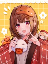 2girls :d akabeko brown_hair creature flower_symbol grey_hoodie grid_background grid_print hands_up highres holding holding_creature hood hood_down hoodie indie_virtual_youtuber jacket league_of_legends long_sleeves looking_at_viewer mask mask_on_head medium_hair multiple_girls official_alternate_costume open_mouth poro_(league_of_legends) red_eyes red_jacket sendo_yuuhi sendo_yuuhi_(2nd_costume) shigure_ui_(vtuber) shigure_ui_(vtuber)_(1st_costume) sleep_mask smile stuffed_toy teeth upper_teeth_only virtual_youtuber vspo! wide_sleeves yellow_background yuzufu