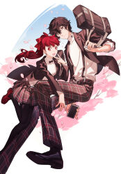 Rule 34 | 1boy, 1girl, absurdres, amamiya ren, bag, black bag, black eyes, black hair, black jacket, black pantyhose, black shoes, buttons, cellphone, closed mouth, commentary request, floating hair, hair between eyes, hair ribbon, highres, holding, holding bag, holding phone, jacket, long hair, long sleeves, looking at viewer, messy hair, open clothes, open jacket, open mouth, pants, pantyhose, persona, persona 5, persona 5 the royal, petals, phone, plaid clothes, plaid pants, plaid skirt, red eyes, red hair, red ribbon, red shoes, ribbon, school bag, school uniform, shirt, shoes, short hair, shuujin academy school uniform, skirt, smile, suspenders, tsubsa syaoin, turtleneck, v, white shirt, yoshizawa kasumi