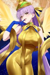 1girl animal_ears animal_hat bare_shoulders bb_(fate) blue_gloves blue_skirt blush breasts commentary covered_navel elbow_gloves energy_wings fate/grand_order fate_(series) full_moon gloves gold_leotard gold_ribbon golden_bb_(fate) hair_ribbon hat highleg highleg_leotard highres kiya_hajime large_breasts leotard long_hair long_skirt looking_at_viewer moon neck_ribbon open_mouth pantyhose purple_hair rabbit_ears rabbit_hat ribbon sash showgirl_skirt skirt smile solo thighs tongue tongue_out two-tone_skirt very_long_hair yellow_eyes yellow_pantyhose yellow_skirt