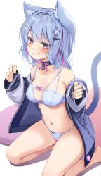Rule 34 | 1girl, animal ears, bare shoulders, bell, blue bra, blue hair, blue jacket, blue panties, blush, bra, breasts, cat ears, cat tail, character request, closed mouth, colored inner hair, copyright request, highres, jacket, licking lips, long hair, long sleeves, looking at viewer, medium breasts, multicolored hair, neck bell, open clothes, open jacket, osa (osaosa), panties, pink hair, purple eyes, simple background, sitting, smile, solo, tail, tongue, tongue out, two-tone hair, underwear, white background