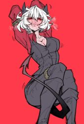 1girl absurdres arms_behind_back bdsm black_boots black_horns black_pants black_vest blush bondage boots bound breasts demon demon_girl demon_horns demon_tail embarrassed helltaker highres horns looking_at_viewer malina_(helltaker) pants red_background red_eyes red_shirt rope senukin shirt steaming_body tail vest white_hair