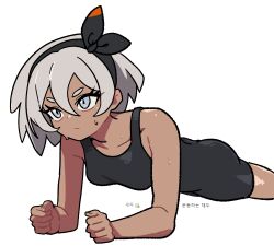 Rule 34 | 1girl, bea (pokemon), black bodysuit, black hairband, bodysuit, bow hairband, breasts, clenched hands, closed mouth, collarbone, commentary, dark-skinned female, dark skin, expressionless, eyelashes, gigobyte350, grey eyes, grey hair, hair between eyes, hairband, medium breasts, nintendo, planking, pokemon, pokemon swsh, short hair, simple background, solo, sweat, white background