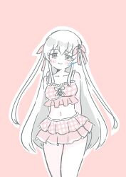 Rule 34 | 1girl, arms behind back, assault lily, bare arms, bare shoulders, bikini, bikini skirt, blush, breasts, closed mouth, collarbone, commentary, cowboy shot, cross-laced bikini, cross-laced clothes, egawa kusumi, frilled bikini, frills, fumi (fumifumi3axl), grey eyes, grey hair, hair ribbon, highres, long hair, looking at viewer, medium breasts, navel, official alternate costume, outline, pink background, pink bikini, pink ribbon, plaid bikini, plaid clothes, ribbon, sidelocks, simple background, smile, solo, standing, stomach, swimsuit, symbol-only commentary, two side up, very long hair, white outline