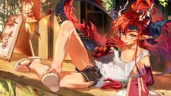1boy alternate_costume arknights bare_shoulders bishounen character_request collarbone dolphin_shorts dragon_boy dragon_horns dragon_tail eating full_body holding horns long_hair looking_at_viewer lying male_focus nipples on_side pectorals pointy_ears puddingtiger red_eyeys red_hair sandals shorts sleeveless solo tail tank_top white_tank_top