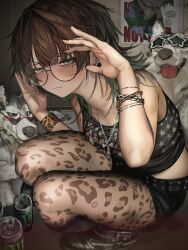 1girl absurdres animal_print aqua_eyes black_shoes black_shorts blush can closed_mouth commentary_request crop_top cross cross_necklace dog ear_piercing energy_drink full_body gaku glasses gradient_hair green_hair heart heart-shaped_eyewear highres indoors jewelry leopard_print looking_at_viewer medium_hair mole mole_under_eye monster_energy multicolored_hair necklace original pantyhose piercing poster_(object) round_eyewear shoes short_shorts shorts squatting star-shaped_eyewear star_(symbol) wavy_mouth