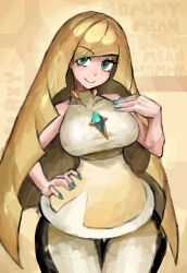 black_leggings blonde_hair gem green_eyes green_gemstone highres leggings lusamine_(pokemon) mature_female pokemon pokemon_sm saiykik two-tone_leggings two-tone_legwear white_leggings