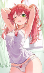 1girl ;o absurdres ahoge armpits arms_behind_head arms_up bow bow_panties camisole commentary day double-parted_bangs drooling green_eyes hair_between_eyes hands_in_hair highres hololive indoors long_hair looking_at_viewer messy_hair mouth_drool no_pants one_eye_closed open_mouth panties pink_hair qussie sakura_miko solo teeth underwear upper_teeth_only virtual_youtuber white_camisole white_panties