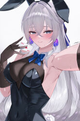 1girl absurdres ace_(playing_card) ace_of_diamonds animal_ear_hairband animal_ears armpits artist_name black_gloves black_leotard blue_bow bodystocking bow breasts bronya_rand card cleavage commentary crossed_bangs detached_collar diamond_(shape) earrings elbow_gloves fake_animal_ears fake_tail fishnet_bodystocking fishnets gloves grey_eyes grey_hair hair_between_eyes hair_bow hair_intakes hairband hand_up highres holding holding_card honkai:_star_rail honkai_(series) jewelry large_breasts leotard light_smile long_hair miya-chan_(lightning0730) playboy_bunny playing_card rabbit_tail selfie signature simple_background standing sweat tail taking_picture very_long_hair white_background