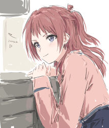 1girl bullfalk closed_mouth commentary_request gakuen_idolmaster grey_eyes hanami_saki highres idolmaster long_hair long_sleeves pink_shirt red_hair shirt solo white_background