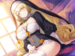 1girl arm_support bed bed_sheet black_dress blonde_hair blush breasts bucchake_(asami) cleavage closed_mouth curtains dress garter_straps green_eyes highres indoors large_breasts long_hair long_sleeves looking_at_viewer navel nun on_bed original see-through_clothes see-through_dress sidelocks sitting smile solo thighhighs thighs two-tone_dress very_long_hair white_dress white_garter_straps white_thighhighs window