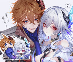 1boy 1girl black_gloves blue_eyes blue_gloves breasts chibi chibi_inset closed_mouth commentary_request crossed_bangs dotted_line eighth_note elbow_gloves expressionless eyelashes face_punch forced_smile genshin_impact giant_hand gloves grabbing_another&#039;s_chin gradient_gloves grey_jacket grin hair_between_eyes hair_ornament halterneck hand_on_another&#039;s_chin height_difference highres in_the_face jacket light_frown long_hair looking_at_viewer makeup male_focus mask mask_on_head medium_breasts motion_blur musical_note orange_hair oversized_forearms oversized_limbs pottsness punching purple_gloves red_eyes red_mask short_hair side-by-side skirk_(genshin_impact) smile sound_effects speech_bubble spoken_musical_note sweatdrop tartaglia_(genshin_impact) thought_bubble three-quarter_sleeves translation_request tsurime twitching uppercut very_short_hair watermark watermark_grid white_hair