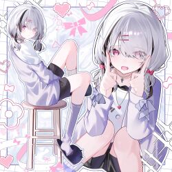 1girl =_hair_ornament asumi_sena asumi_sena_(5th_costume) asymmetrical_legwear black_hair border cattleya_regina_games eyes_visible_through_hair fang hair_over_one_eye highres index_finger_raised jacket jewelry kneehighs looking_at_viewer low_twintails mismatched_legwear multicolored_hair multiple_views necklace outline pink_eyes purple_jacket purple_socks shirt shorts sitting slippers socks stove twintails two-tone_hair uneven_legwear virtual_youtuber vspo! white_hair yuru._(m29125567)