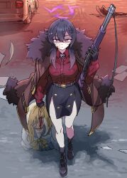 2girls blood blue_archive breasts character_request expressionless grabbing_another&#039;s_hair gun haruka_(blue_archive) highres large_breasts multiple_girls shotgun tagme unconscious weapon