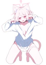 1girl absurdres akira_(blue_archive) amebrew animal_ear_fluff animal_ears barefoot blue_archive cat_ears cat_girl cat_tail hair_between_eyes highres jacket kneeling long_hair no_bra no_pants paw_pose pink_hair red_hair sidelocks solo tail white_jacket