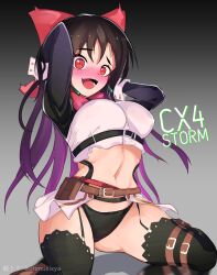 1girl arms_up black_hair black_panties blush breasts commentary_request cx4_storm_(girls&#039;_frontline) dark_background disco_ball embarrassed garter_belt garter_straps girls&#039;_frontline hair_between_eyes hair_ornament highres indoors long_hair looking_at_viewer medium_breasts money navel nose_blush open_mouth panties red_eyes ryuu_tou simple_background smile solo thighhighs trembling underwear very_long_hair