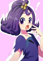 ! 1girl :o acerola_(pokemon) commentary_request dress flipped_hair hair_ornament hand_up looking_at_viewer looking_to_the_side nintendo oooise open_mouth pokemon pokemon_sm purple_dress purple_eyes purple_hair short_sleeves solo stitches tongue topknot torn_clothes torn_dress upper_body