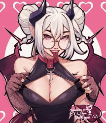 1girl absurdres asymmetrical_gloves black_dress breasts brown_gloves cleavage cleavage_cutout clothing_cutout collar commission condom condom_between_breast condom_wrapper cross cross_necklace demon_girl demon_horns demon_tail demon_wings double_bun dress faye_(vtuber) fingernails floral_print gloves hair_between_eyes hair_bun heart heart_tail highres horns indie_virtual_youtuber jewelry kofidotjpg large_breasts lips long_fingernails long_tongue looking_at_viewer mole mole_under_eye nail_polish necklace open_mouth piercing pink_hair pointy_ears red_collar round_eyewear short_hair smile solo tail teeth tongue tongue_out tongue_piercing upper_body upper_teeth_only white_hair wings