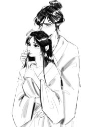 2girls blush chinese_clothes commentary english_commentary greyscale hair_bun hand_in_another&#039;s_hair hanfu highres jing_wei_qing_shang long_hair long_sleeves monochrome multiple_girls nangong_jingnu qiyan_agula seijousai signature