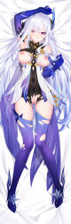 1girl armpits bandana bed_sheet black_bandana black_leotard blush boots breasts closed_mouth covered_navel dakimakura_(medium) dakimakura_(object) dress elbow_gloves facing_viewer feather_hair_ornament feathers full_body genshin_impact gloves hair_between_eyes hair_ornament highres kirilenko_(cgd) leotard long_hair looking_at_viewer lying medium_breasts multicolored_hair nipples on_back on_bed pillow purple_boots purple_gloves purple_hair pussy short_dress skirk_(genshin_impact) solo streaked_hair thigh_boots thighhighs thighs torn_clothes torn_dress torn_leotard torn_thighhighs very_long_hair white_dress white_hair