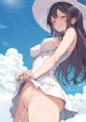 1girl bare_shoulders black_hair black_hat bottomless breasts breath censored closed_eyes clothes_lift commentary covered_erect_nipples cowboy_shot dress dress_lift female_ejaculation hat highres large_breasts long_hair mosaic_censoring original pussy pussy_juice rikudou_inuhiko solo strapless strapless_dress sunlight symbol-only_commentary tears white_dress