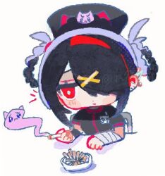 1girl ame-chan_(needy_girl_overdose) animal_print ashtray bandaged_arm bandages bright_pupils cat_print chibi chibi_only cigarette hair_ornament hair_over_one_eye hat holding holding_cigarette maid_headdress naishukketsukata needy_girl_overdose nurse red_eyes short_twintails sidelocks smoking superimposition twintails white_pupils x_hair_ornament