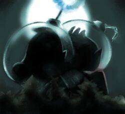 2boys backpack bag big_nose bush commentary_request from_side full_moon gloves greyscale helmet highres hug hug_from_behind iat-418 louie_(pikmin) male_focus monochrome moon multiple_boys night nintendo olimar outdoors pikmin_(series) pointy_ears radio_antenna short_hair silhouette space_helmet spacesuit spot_color upper_body very_short_hair yaoi