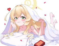 :3 ammunition_box bed_sheet blonde_hair blue_archive blush green_eyes halo heart nude petals pillow professor_niyaniya_(blue_archive) shimeji_take white_background yellow_halo