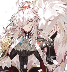 1boy absurdres bandages_over_clothes chinese_clothes hair_over_one_eye hanfu high_ponytail highres honkai:_star_rail honkai_(series) jiaoling_ruqun jing_yuan lion mandarin_collar mole mole_under_eye one_eye_covered ponytail yasubaru