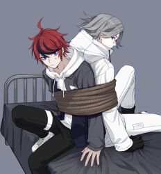 Rule 34 | 2boys, ahoge, aotsuki eito, black gloves, black jacket, black pants, black streaks, blue eyes, bound, bound arms, bound together, glasses, gloves, grey background, grey hair, grey jacket, hood, hoodie, jacket, jacket over hoodie, looking at viewer, male focus, multicolored hair, multicolored jacket, multiple boys, on bed, open clothes, open jacket, pants, red hair, rope, seiran yoroz, shoes, short hair, simple background, streaked hair, sumino takumi, sweatdrop, the hundred line -last defense academy-, two-tone jacket, white hoodie, white jacket, white pants, white shoes