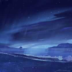 artist_name beach blue_theme commentary landscape mountain night night_sky no_humans original outdoors scenery shore signature sky star_(sky) water zandra