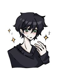 1boy andrew_graves ashleygrav84480 black_hair black_sweater blush green_eyes highres looking_at_viewer male_focus short_hair simple_background solo sparkle speech_bubble sweatdrop sweater the_coffin_of_andy_and_leyley upper_body white_background