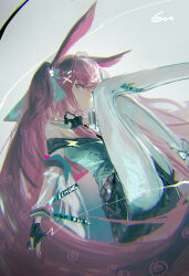 1girl absurdres animal_ears arknights bare_shoulders black_gloves black_skirt closed_mouth feet_out_of_frame fingerless_gloves gloves hair_ornament hairclip highres jacket legs_up lemtun long_hair looking_at_viewer off_shoulder pantyhose pink_hair purple_eyes rabbit_ears ray_(arknights) ray_(dreaming_high)_(arknights) simple_background skirt solo twintails very_long_hair white_background white_pantyhose x_hair_ornament