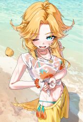 1girl ;d aqua_eyes bikini bird_girl bird_wings black_nails blonde_hair commentary dokibird_(vtuber) dot_nose dragoon_(dokibird) english_commentary fang feathered_wings gurumie highres indie_virtual_youtuber jewelry navel necklace one_eye_closed open_mouth orange_bikini orange_scrunchie sand scrunchie shirt shorts smile solo striped_clothes striped_shorts swimsuit tongue virtual_youtuber water wet wet_clothes wet_shirt white_shirt wings wrist_scrunchie yellow_shorts