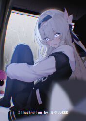 1girl alternate_costume black_bow black_hairband black_pantyhose black_skirt blue_eyes blurry blurry_foreground blush bow chinese_commentary chromatic_aberration commentary_request firefly_(honkai:_star_rail) grey_hair hair_between_eyes hair_bow hairband highres honkai:_star_rail honkai_(series) hood hood_down indoors jacket kafka_(honkai:_star_rail) kafka_(shader_cat)_(honkai:_star_rail) letterman_jacket long_hair looking_at_viewer looking_back multicolored_eyes no_shoes open_mouth pantyhose purple_eyes rain skirt solo srpzk two-tone_eyes window
