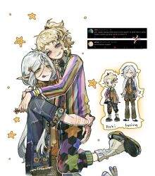 1boy 1girl :p arm_tattoo bags_under_eyes blonde_hair carrying carrying_person casual chibi chibi_inset child_carry contemporary crocs dungeon_meshi elf fleki green_eyes grey_hair grin hair_around_ear hair_ornament hair_tubes highres jacket lifting_person long_hair loose_socks low_twintails lycion multicolored_clothes notched_ear nova_1810 pants pointy_ears ponytail purple_eyes shirt smile socks star_(symbol) star_print striped_clothes tattoo tongue tongue_out twintails white_background