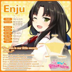 1girl ;d breasts brown_hair character_name character_profile commentary copyright_name english_commentary english_text green_eyes height large_breasts logo long_hair looking_at_viewer moe!_ninja_girls official_art one_eye_closed open_mouth parted_bangs saion-ji_enju school_uniform shirt short_sleeves sidelocks smile solo tsundere upper_body white_sleeves