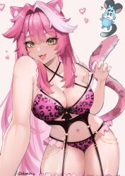 1girl :3 absurdres adammaarr animal_ears animal_print black_bow black_garter_belt blush bow bow_bra bra breasts chattino_(raora_panthera) cleavage collarbone commentary fang fingernails frilled_bra frills garter_belt glint hair_intakes heart highres hololive hololive_english large_breasts leopard_print leopard_print_bra leopard_print_panties long_hair multicolored_hair nail_polish navel open_mouth panther_ears panther_girl panther_tail panties pink_background pink_bra pink_hair pink_nails pink_panties pulling_own_clothes raora_panthera skin_fang smile stomach strap_pull streaked_hair symbol-only_commentary tail thighs twitter_username underwear virtual_youtuber yellow_eyes