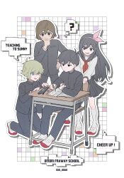 +_+ 1girl 3boys ? absurdres aged_down alternate_costume antenna_hair artist_name aubrey_(faraway)_(omori) aubrey_(omori) basil_(faraway)_(omori) basil_(omori) black_eyes black_hair black_skirt blonde_hair blue_eyes blush bright_pupils brown_eyes brown_hair closed_mouth desk english_text engrish_text eraser expressionless grin hairband hand_on_own_chin hand_on_own_hip highres holding holding_pencil kel_(faraway)_(omori) kel_(omori) kneehighs kneeling long_hair looking_at_another lower_teeth_only mewo multiple_boys neckerchief o_oquo omori open_mouth parted_lips pencil pink_hairband pleated_skirt ranguage red_neckerchief school_desk school_uniform short_hair sitting skirt smile socks speech_bubble spoken_question_mark standing sunny_(omori) teeth thought_bubble twitter_username white_pupils white_socks