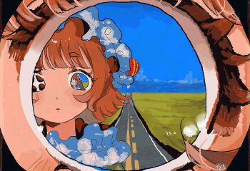 Rule 34 | 1girl, blue hat, blue sky, brown eyes, brown hair, commentary request, day, expressionless, eyelashes, field, hat, highres, looking at viewer, medium hair, mob cap, original, outdoors, parted lips, recursion, reflection, reflection focus, road, scenery, sky, solo, wasabi natsume