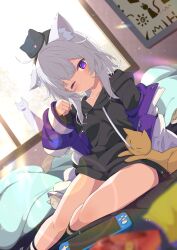 Rule 34 | 1girl, absurdres, ahoge, animal, animal ear fluff, animal ears, animal on head, black cat, black hoodie, blurry, blurry foreground, blush, cat, cat ears, cat girl, cat on head, closed mouth, collarbone, commission, depth of field, drawstring, dutch angle, handheld game console, highres, hood, hood down, hoodie, indie virtual youtuber, indoors, jacket, long sleeves, looking at viewer, medium hair, nintendo switch, no pants, off shoulder, on bed, on head, one eye closed, open clothes, open jacket, paw pose, pillow, purple eyes, purple hair, shiro9jira, shishiro azuki, sitting, skeb commission, smile, solo, sunlight, thighs, virtual youtuber, window