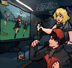 1boy 1girl beret black_hair black_jacket blonde_hair blue_eyes bottle commander_(girls&#039;_frontline) commentary cup drinking_glass english_commentary english_text from_side girls&#039;_frontline girls&#039;_frontline_2:_exilium gnom_na_korable hat holding holding_bottle jacket long_sleeves mosin-nagant_(girls&#039;_frontline) nice_nature_(umamusume) oguri_cap_(umamusume) red_hat running short_hair symboli_rudolf_(umamusume) umamusume upper_body watching_television