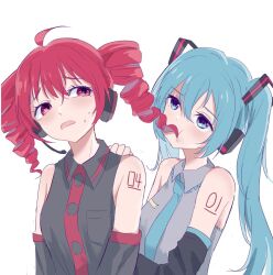 ahoge armpit_crease arms_at_sides black_sleeves blue_eyes blue_necktie blush breasts buttons collared_shirt detached_sleeves drill_hair eating_hair grey_shirt hair_between_eyes hashtag-only_commentary hatsune_miku headphones headset highres k2s kasane_teto kasane_teto_(utau) long_hair looking_at_another looking_to_the_side microphone necktie number_tattoo red_eyes red_hair red_tattoo shirt shoulder_tattoo simple_background sleeveless sleeveless_shirt small_breasts sweatdrop tattoo twin_drills twintails upper_body utau vocaloid white_background wing_collar worried