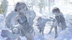 3girls absurdres arm_strap bare_shoulders black_boots black_coat black_gloves black_hair black_pantyhose blue_eyes blue_hair blue_jacket boots coat commentary_request crosswalk dress fence fingerless_gloves fur-trimmed_jacket fur_trim gloves grey_dress grey_hair hand_on_own_cheek hand_on_own_face highres holding holding_phone holding_snowball jacket knee_boots long_sleeves looking_at_viewer mo011010 multiple_girls off_shoulder open_mouth original outdoors pantyhose phone pine_tree power_lines road_sign short_hair sign sitting smile snow snow_on_head snowball snowing standing traffic_light tree utility_pole winter winter_clothes