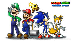 1girl 4boys alexiscreed black_eyes crossover facial_hair furry furry_male gloves green_hat hammer hat highres luigi mario mario_&amp;_luigi_rpg mario_(series) multiple_boys mustache nintendo open_mouth overalls pointing red_hat simple_background smile sonic_(series) sonic_the_hedgehog standing starlow tails_(sonic) white_background