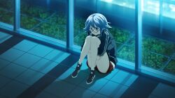 1girl ankle_socks black_shoes black_track_suit blue_hair blue_theme chaos;child chaos;child_love_chu_chu!! floor frown full_body game_cg glasses hair_between_eyes headphones headphones_around_neck highres hugging_own_legs indoors jacket kazuki_hana light_rays long_sleeves moonlight night non-web_source official_art plaid_clothes plaid_shorts plant pointy_hair purple_eyes red-framed_eyewear red_shorts sasaki_mutsumi shadow shoes short_hair shorts sidelocks sitting sneakers socks solo tiles track_jacket track_suit white_socks white_stripes window