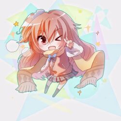 &gt;_o 1girl ;d black_socks blue_bow blue_bowtie blush bow bowtie charo_(meme) chibi chinese_commentary commentary_request dimi4561 fringe_trim full_body grey_skirt hair_between_eyes hair_ornament hair_scrunchie hand_up happy highres inaba_meguru jacket kneehighs letterman_jacket long_hair long_scarf looking_at_viewer meme miniskirt one_eye_closed one_side_up open_mouth orange_hair pink_jacket plaid_clothes plaid_skirt pleated_skirt red_eyes sanoba_witch scarf school_uniform scrunchie simple_background skirt smile socks solo sparkle standing star_(symbol) symbol_in_eye tareme v white_background white_sleeves yellow_scarf