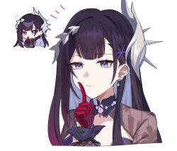 Rule 34 | 1girl, black hair, blue eyes, chibi, gloves, gohan (kyonogohaaan), hair ornament, hand up, highres, honkai: star rail, honkai (series), hysilens (honkai: star rail), index finger raised, long hair, multiple views, portrait, red gloves, shrug (clothing), simple background, white background