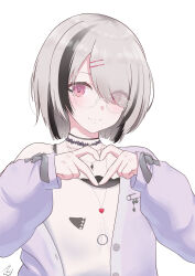 1girl asumi_sena asumi_sena_(5th_costume) black_choker black_hair blush cardigan choker closed_mouth four-finger_heart_hands glasses grey_hair hair_ornament hairclip heart heart_hands highres inumugi jewelry looking_at_viewer multicolored_hair necklace pink_eyes purple_cardigan shirt signature simple_background solo streaked_hair t-shirt two-tone_hair virtual_youtuber vspo! white_background white_shirt